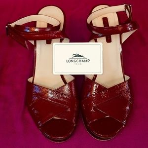 Longchamp Patent Leather Oxblood Vamp Wedge Sandal